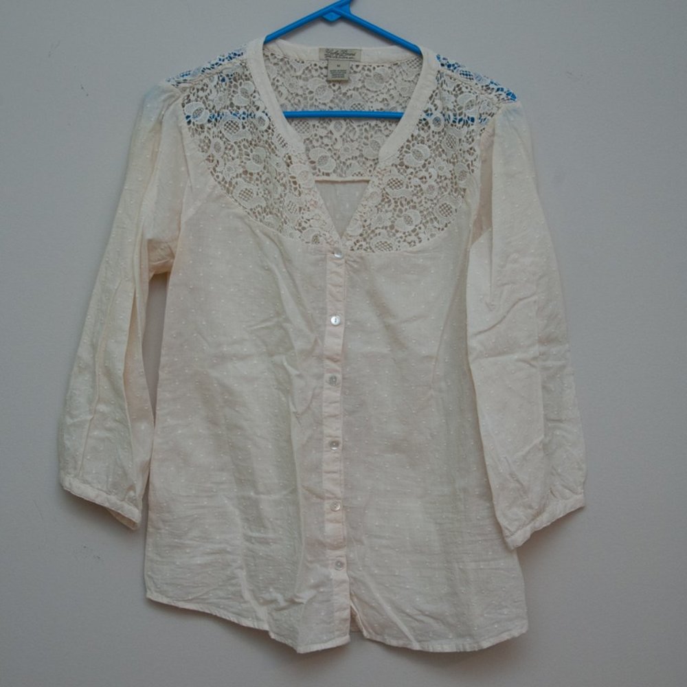 Lucky Brand Swiss Dot Lace Cream Button Down Top M